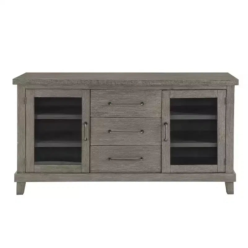 Washed Gray Server: Contemporary Style, Veneer Finish, Glass Doors, 3 Drawers