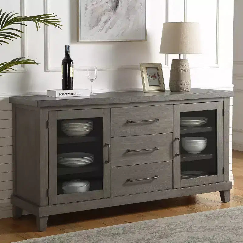 Washed Gray Server: Contemporary Style, Veneer Finish, Glass Doors, 3 Drawers