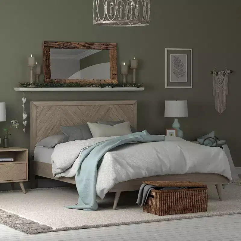 Wooden Platform Bed Frame with Chevron Headboard